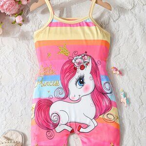 Unicorn Graphic Cami Romper For Girls, Stylish Summer Versatile Suit Outfit